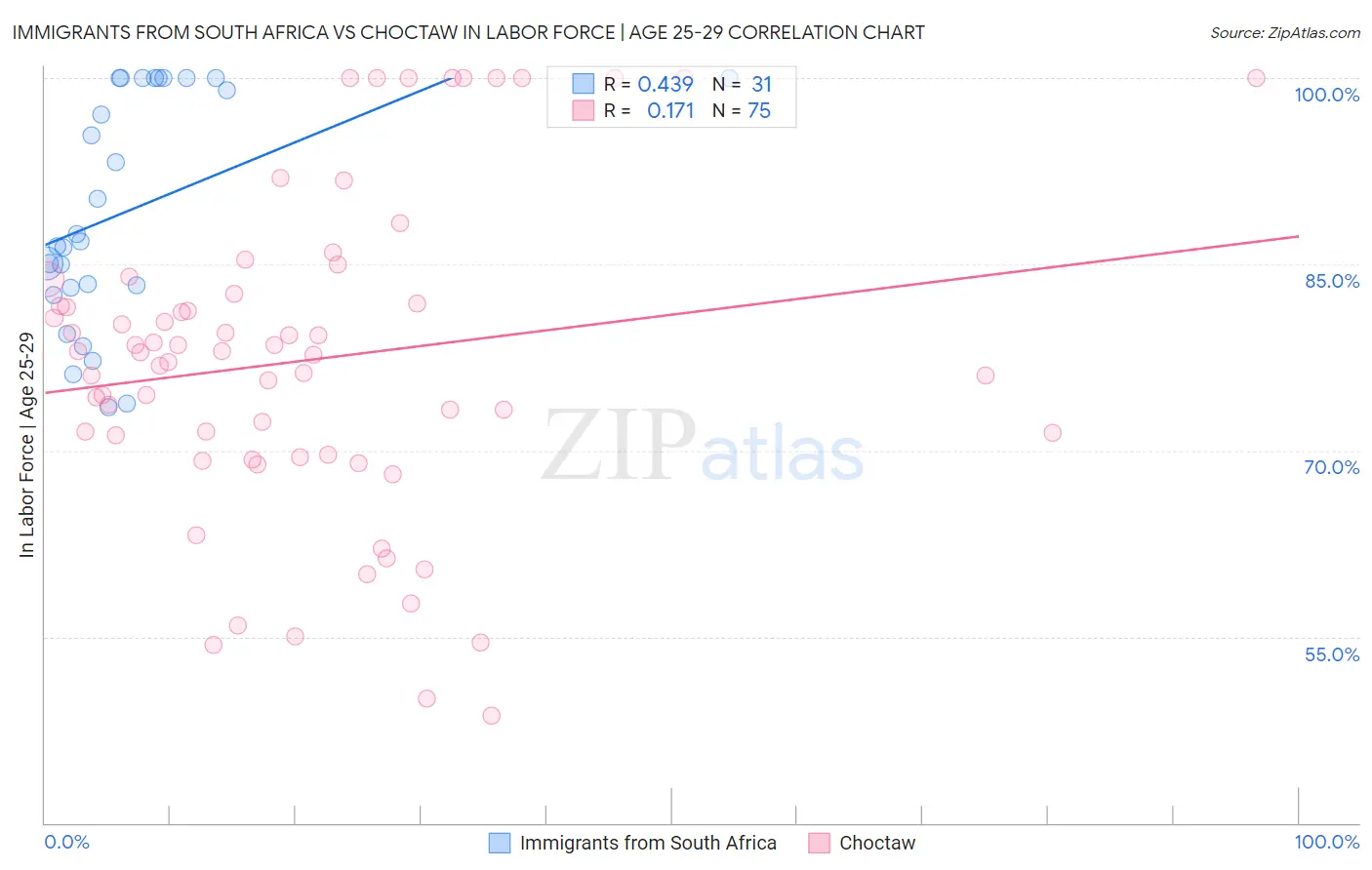 Immigrants from South Africa vs Choctaw In Labor Force | Age 25-29