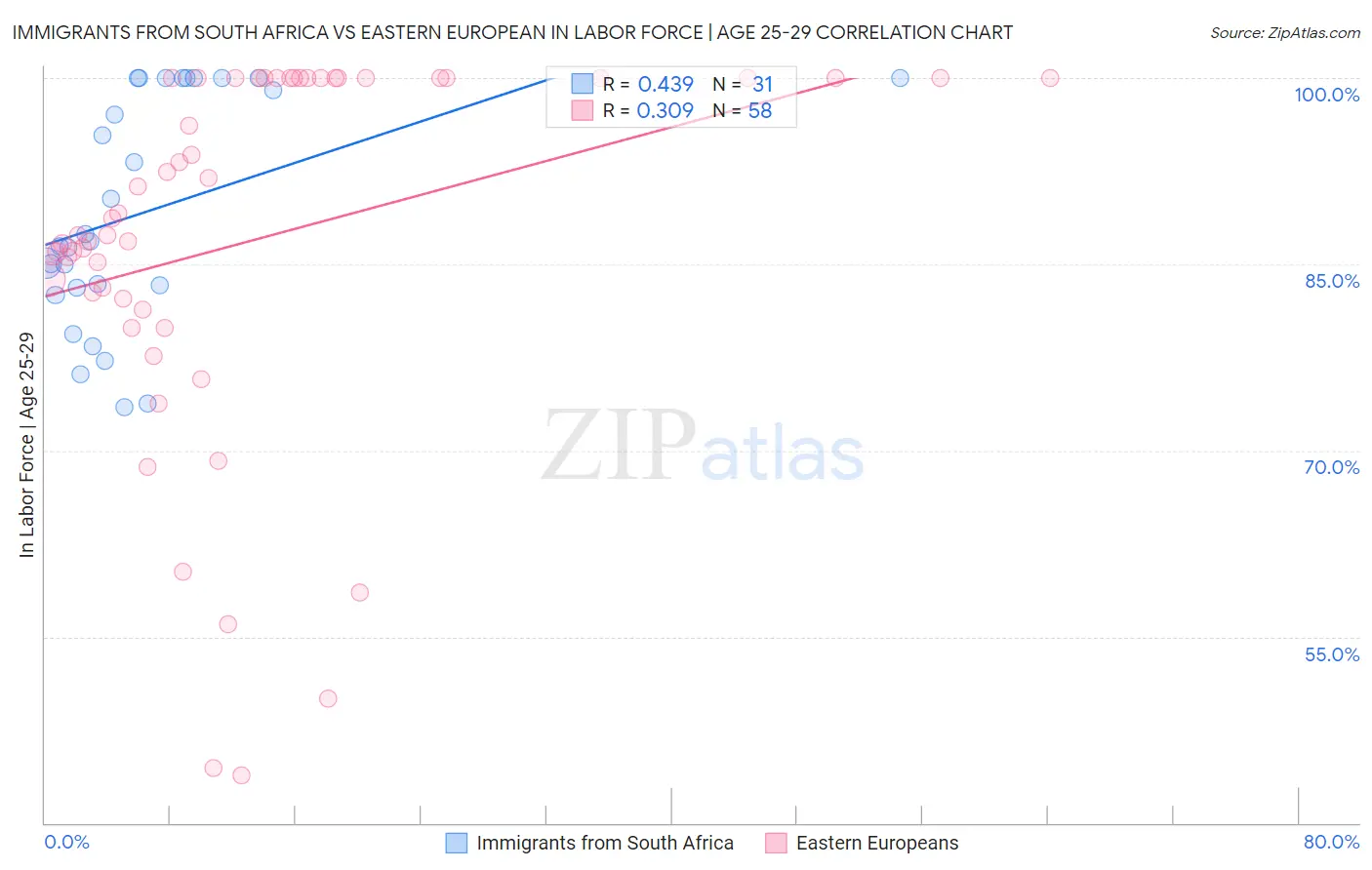 Immigrants from South Africa vs Eastern European In Labor Force | Age 25-29