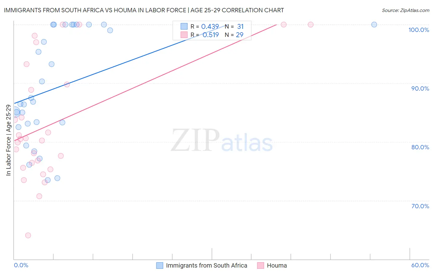 Immigrants from South Africa vs Houma In Labor Force | Age 25-29