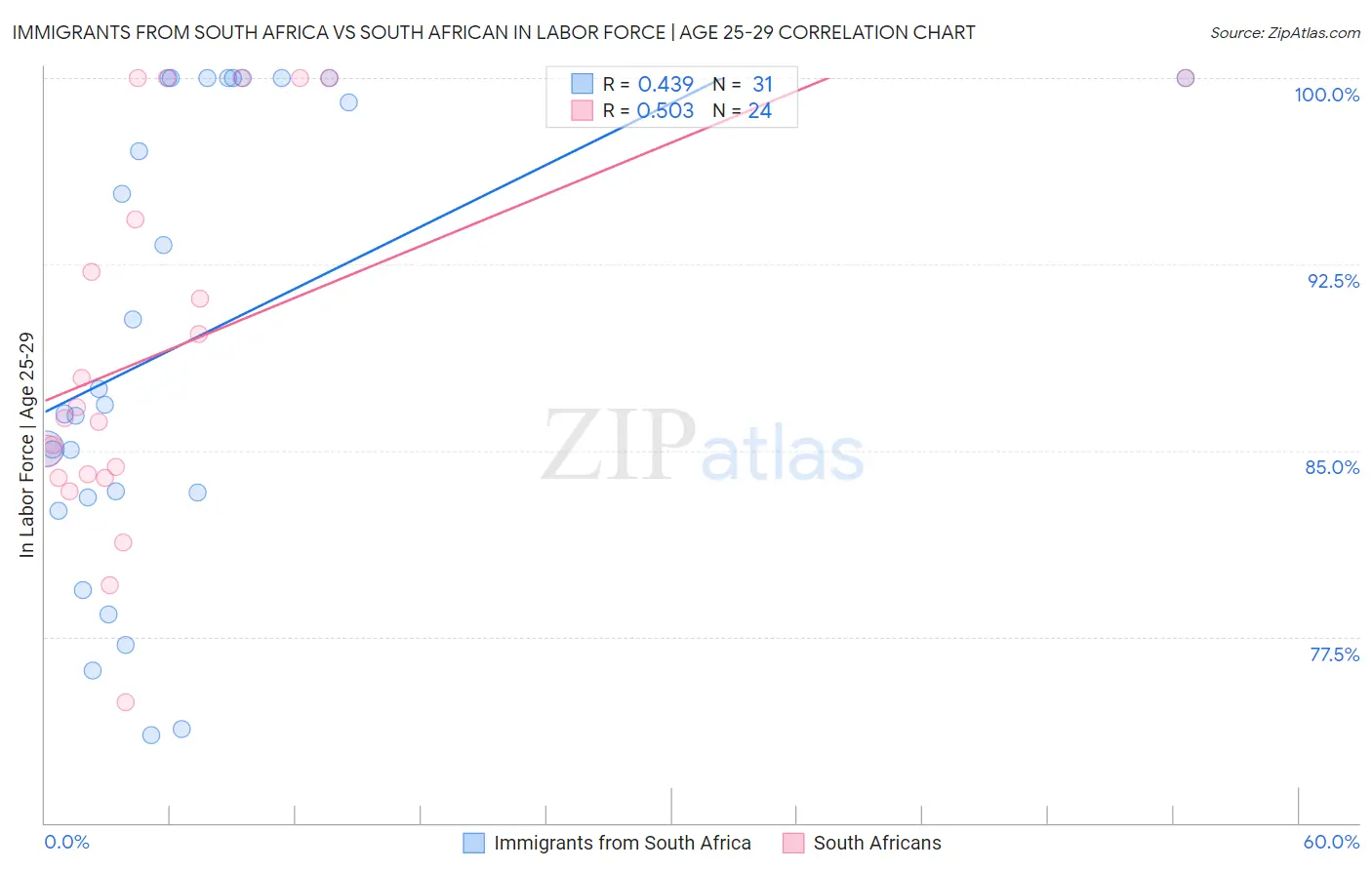 Immigrants from South Africa vs South African In Labor Force | Age 25-29