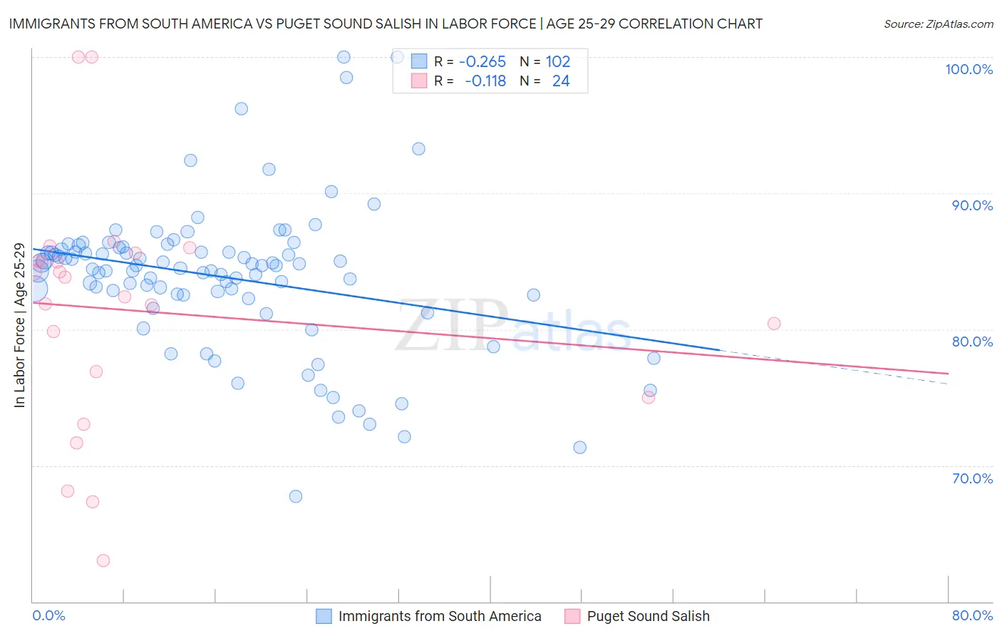 Immigrants from South America vs Puget Sound Salish In Labor Force | Age 25-29
