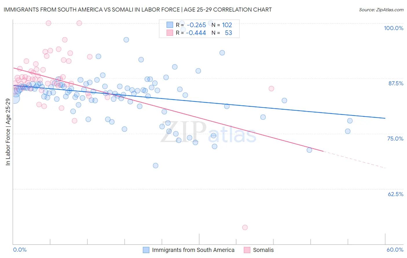 Immigrants from South America vs Somali In Labor Force | Age 25-29