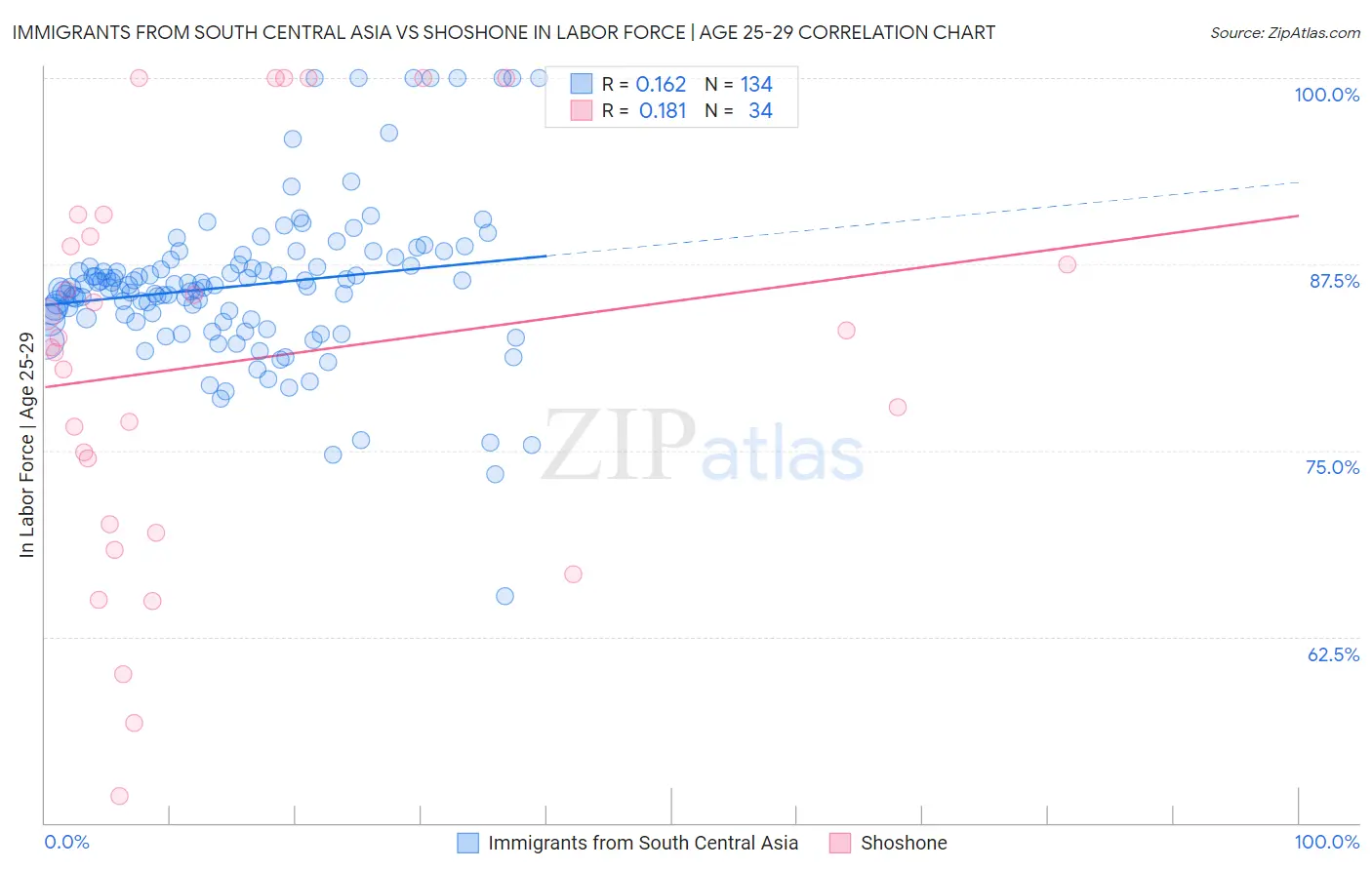 Immigrants from South Central Asia vs Shoshone In Labor Force | Age 25-29