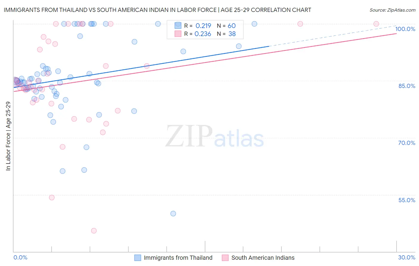 Immigrants from Thailand vs South American Indian In Labor Force | Age 25-29