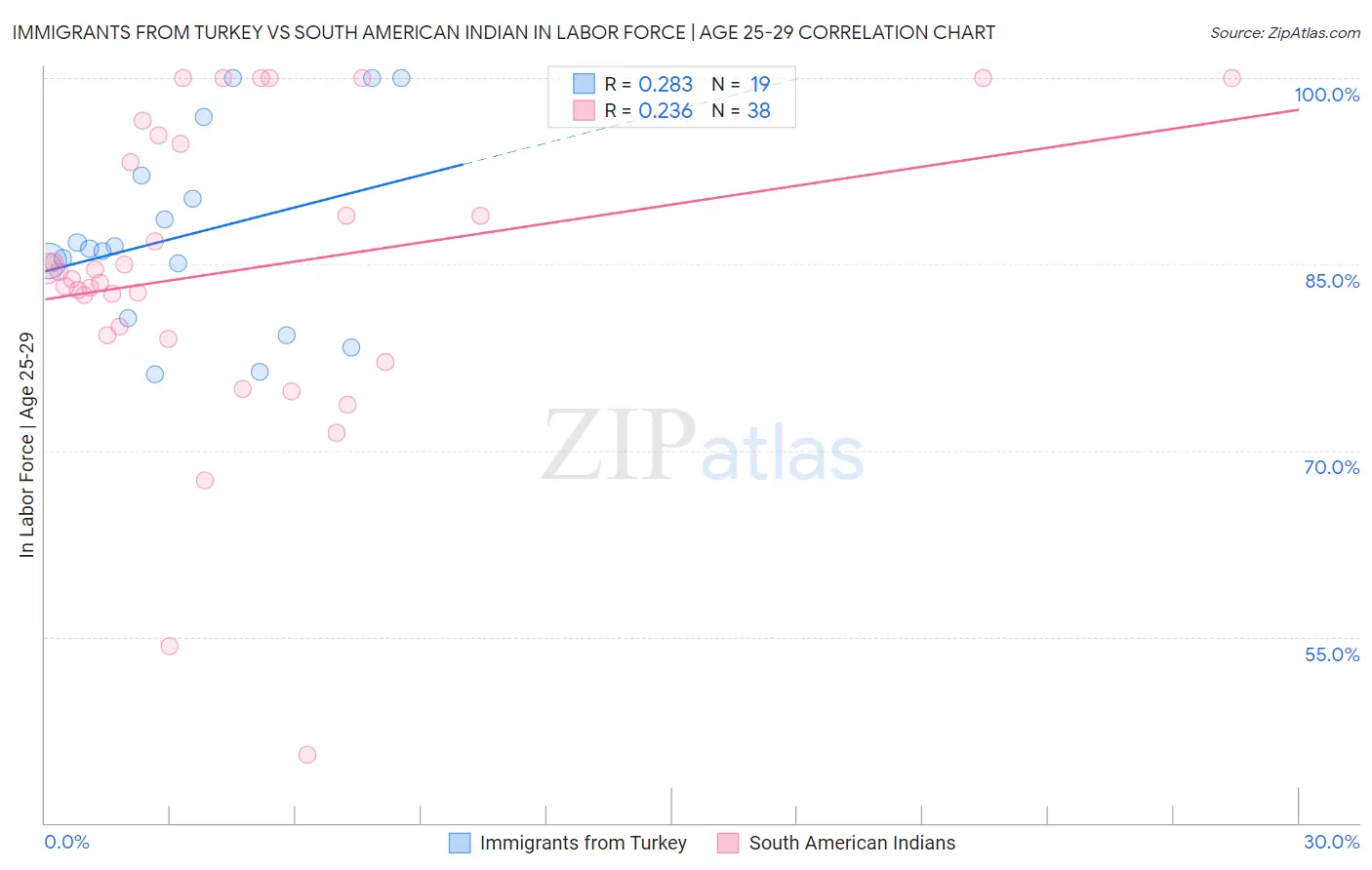 Immigrants from Turkey vs South American Indian In Labor Force | Age 25-29
