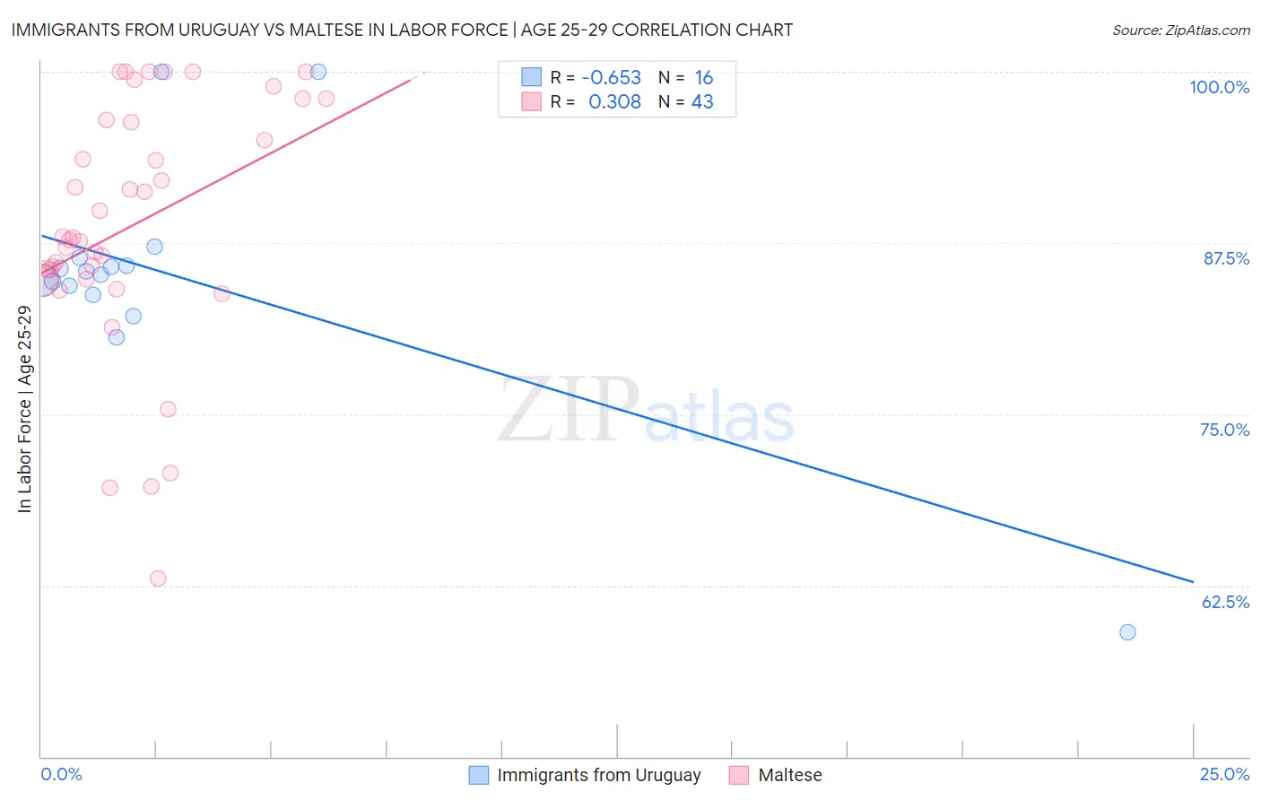 Immigrants from Uruguay vs Maltese In Labor Force | Age 25-29