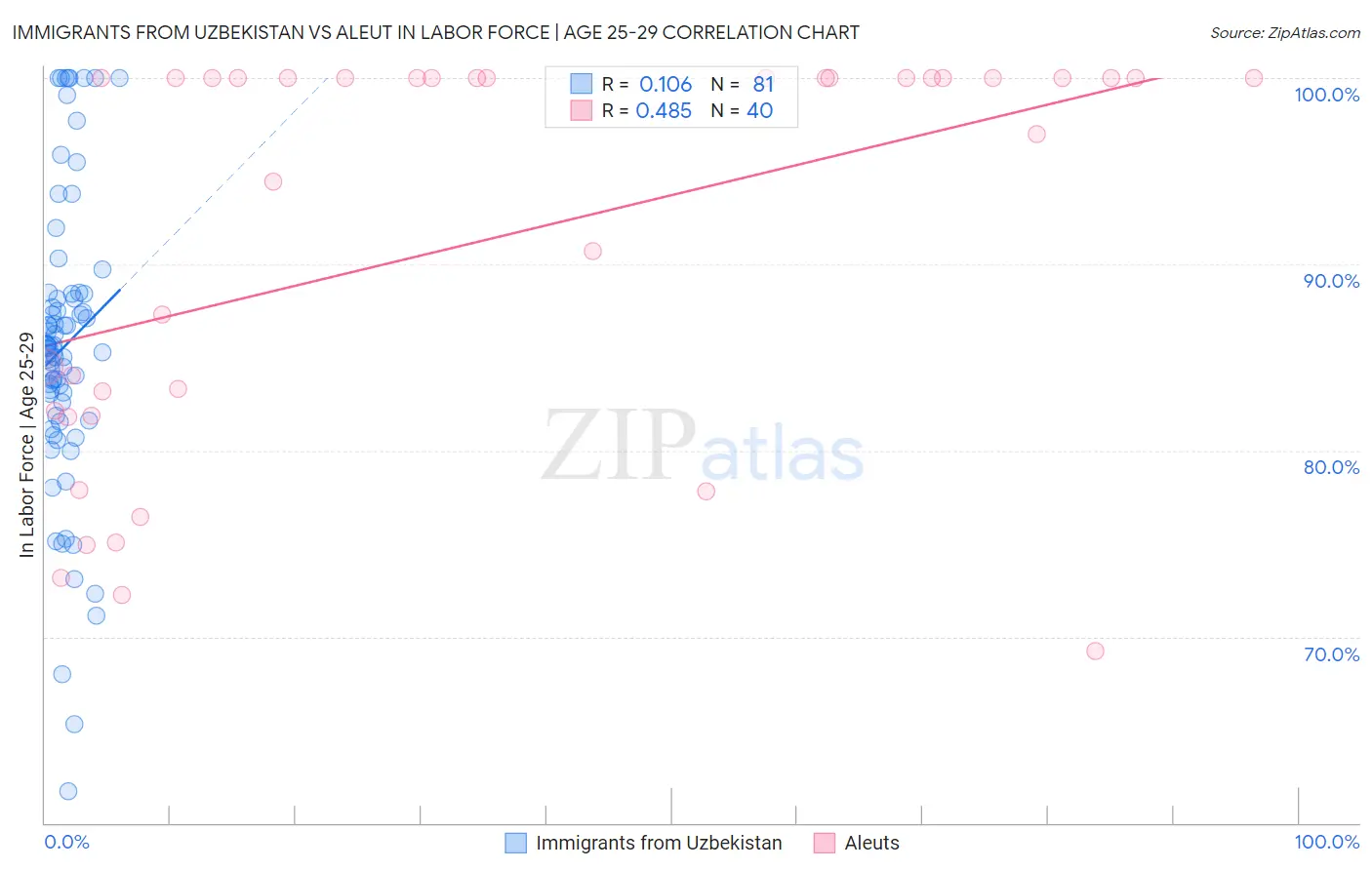 Immigrants from Uzbekistan vs Aleut In Labor Force | Age 25-29