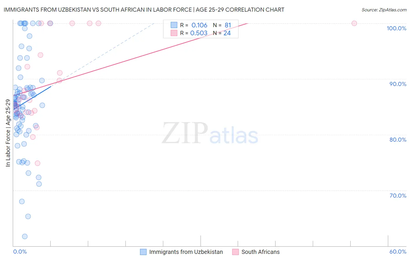 Immigrants from Uzbekistan vs South African In Labor Force | Age 25-29