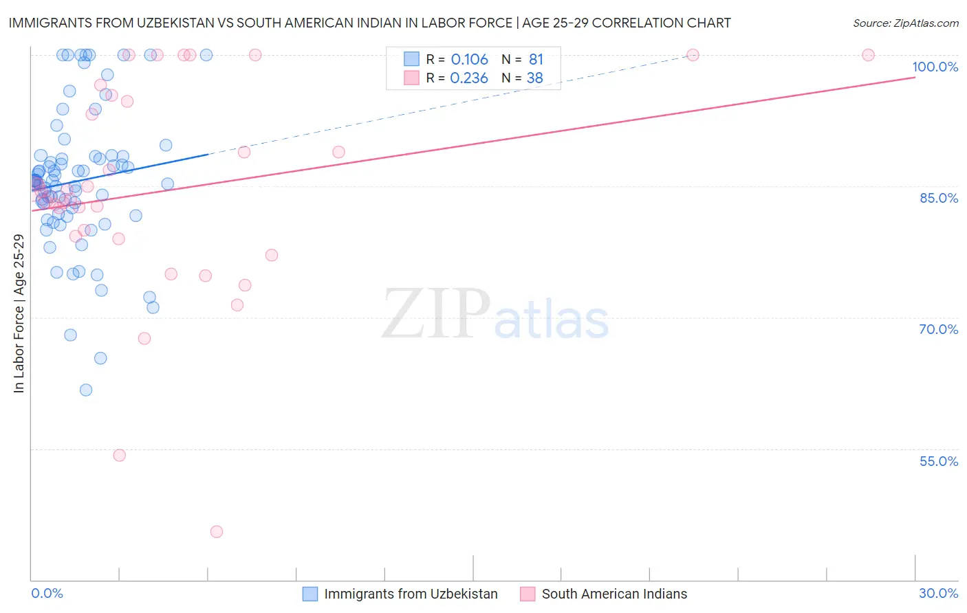 Immigrants from Uzbekistan vs South American Indian In Labor Force | Age 25-29