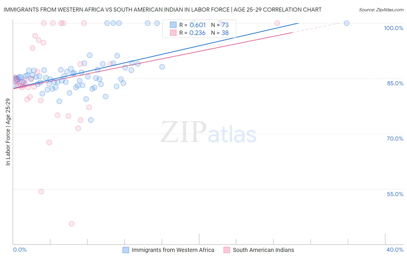 Immigrants from Western Africa vs South American Indian In Labor Force | Age 25-29