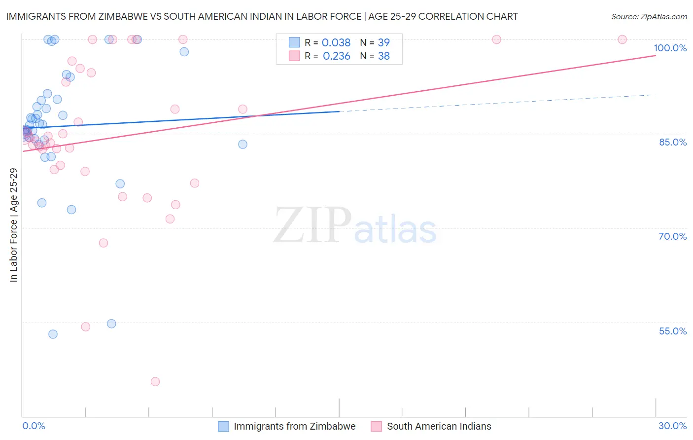 Immigrants from Zimbabwe vs South American Indian In Labor Force | Age 25-29