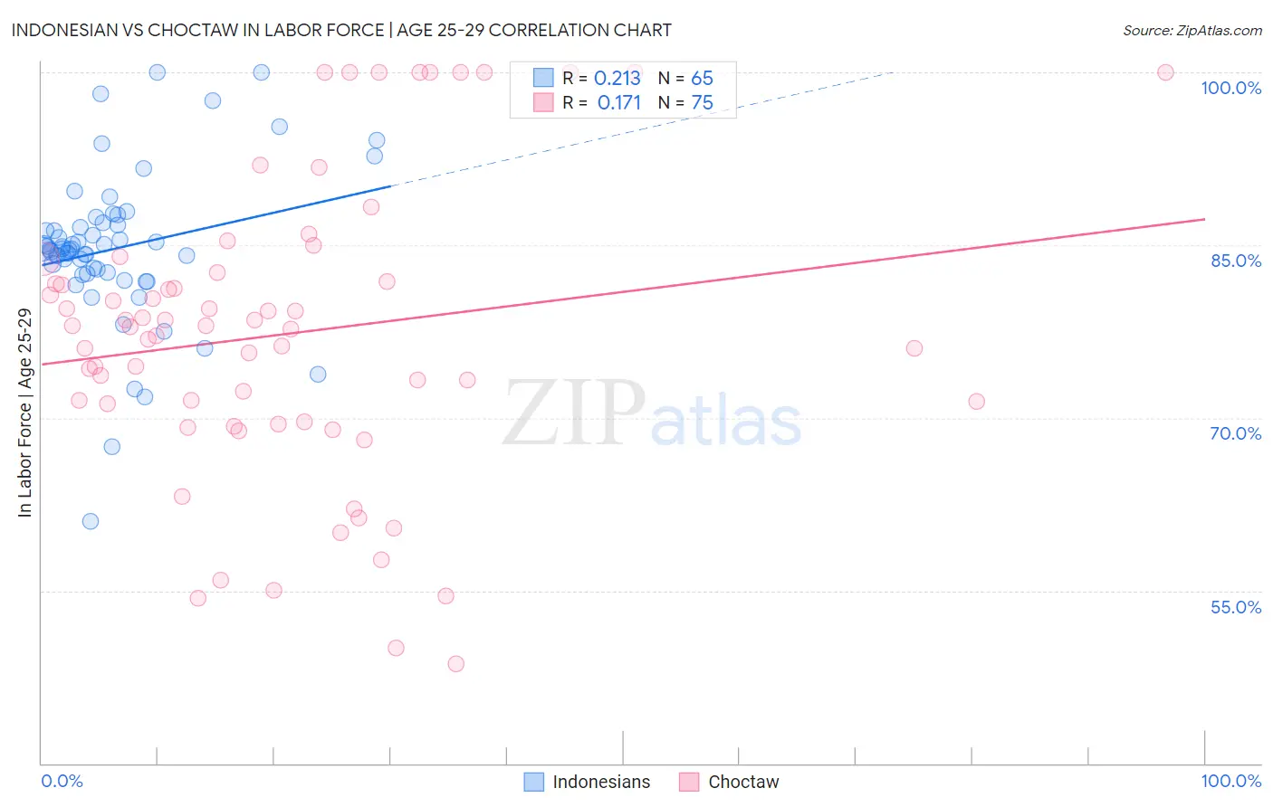Indonesian vs Choctaw In Labor Force | Age 25-29