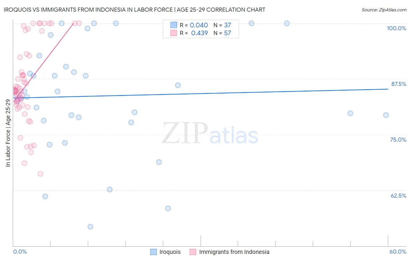Iroquois vs Immigrants from Indonesia In Labor Force | Age 25-29