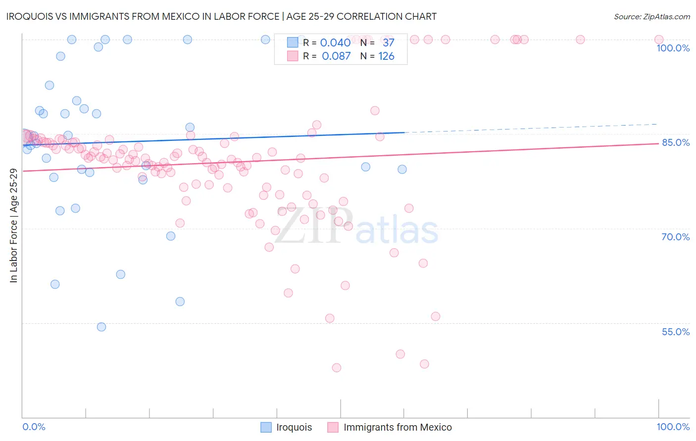 Iroquois vs Immigrants from Mexico In Labor Force | Age 25-29