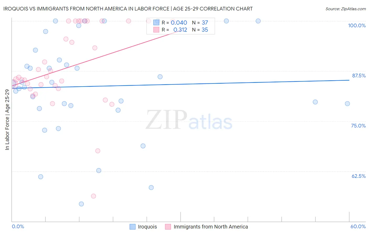 Iroquois vs Immigrants from North America In Labor Force | Age 25-29