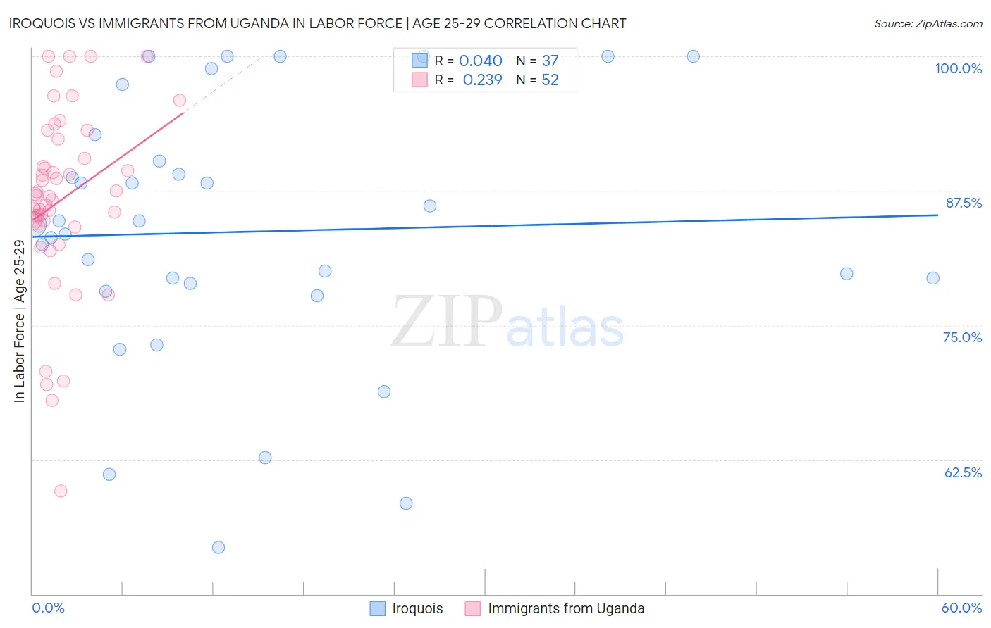 Iroquois vs Immigrants from Uganda In Labor Force | Age 25-29