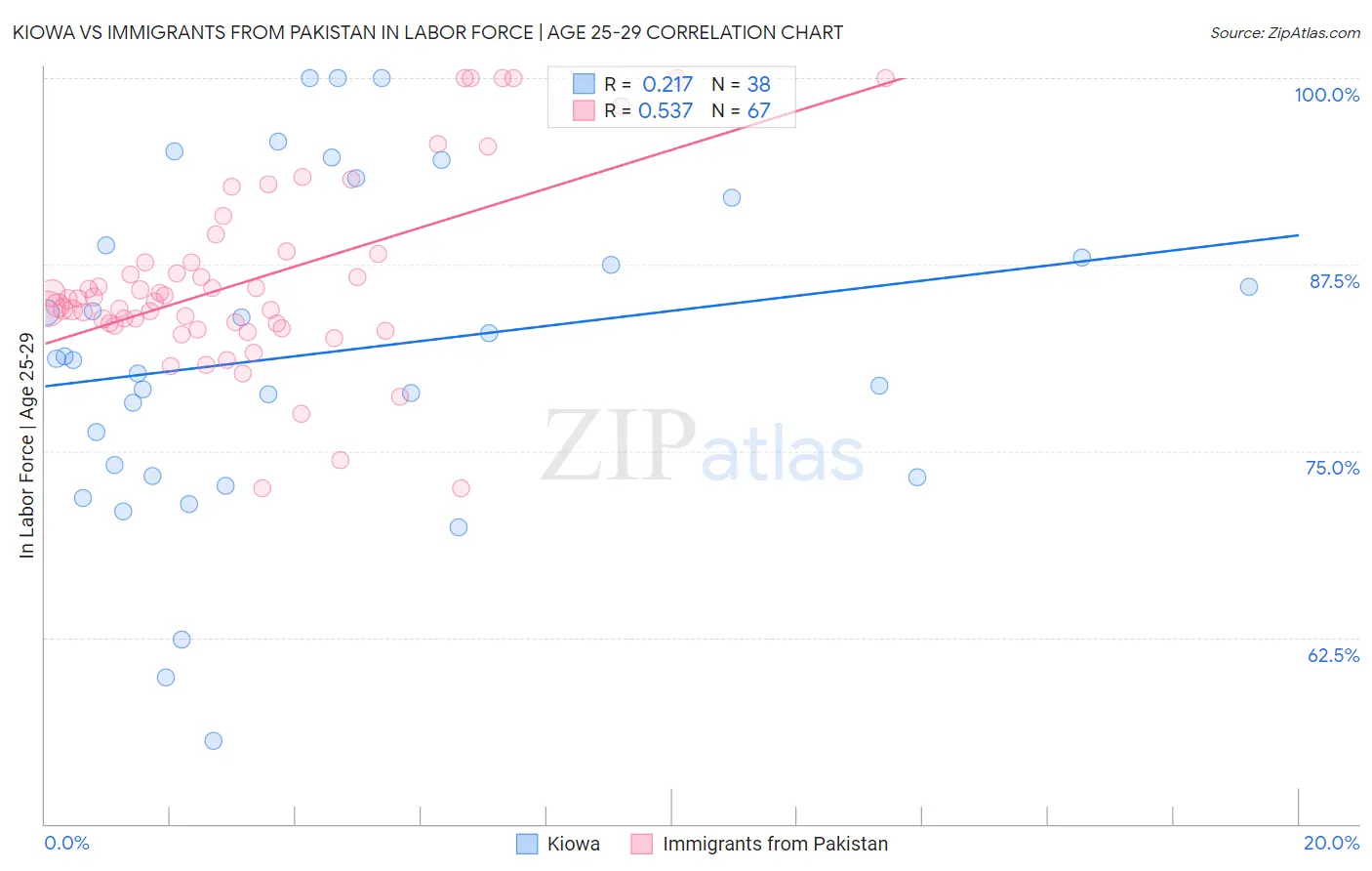 Kiowa vs Immigrants from Pakistan In Labor Force | Age 25-29