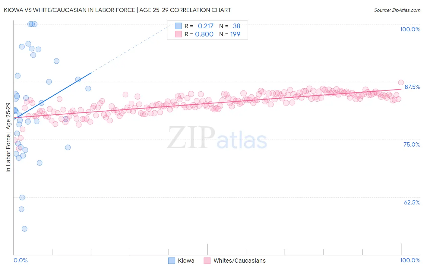 Kiowa vs White/Caucasian In Labor Force | Age 25-29