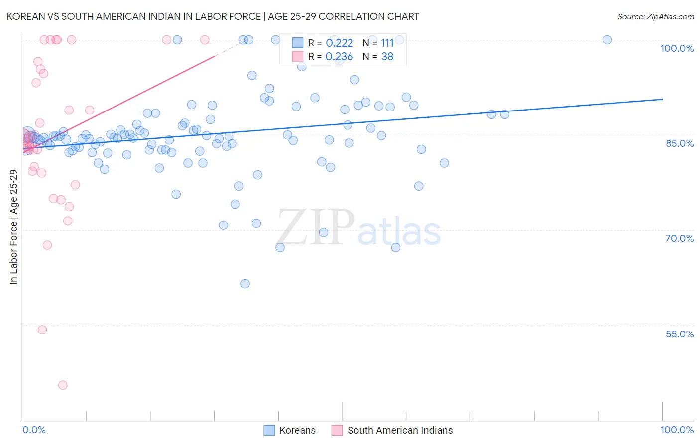Korean vs South American Indian In Labor Force | Age 25-29
