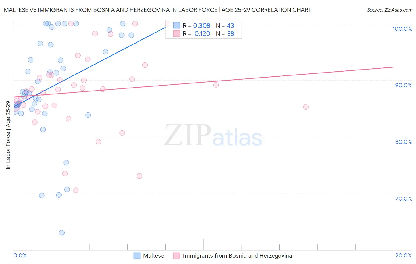 Maltese vs Immigrants from Bosnia and Herzegovina In Labor Force | Age 25-29