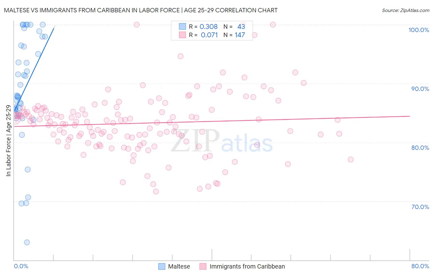 Maltese vs Immigrants from Caribbean In Labor Force | Age 25-29
