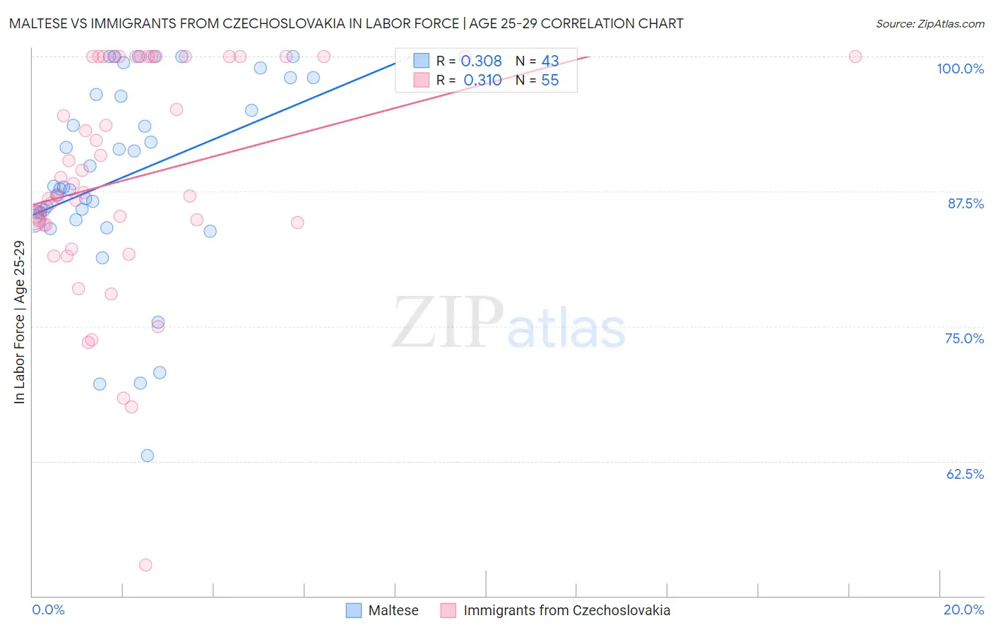 Maltese vs Immigrants from Czechoslovakia In Labor Force | Age 25-29