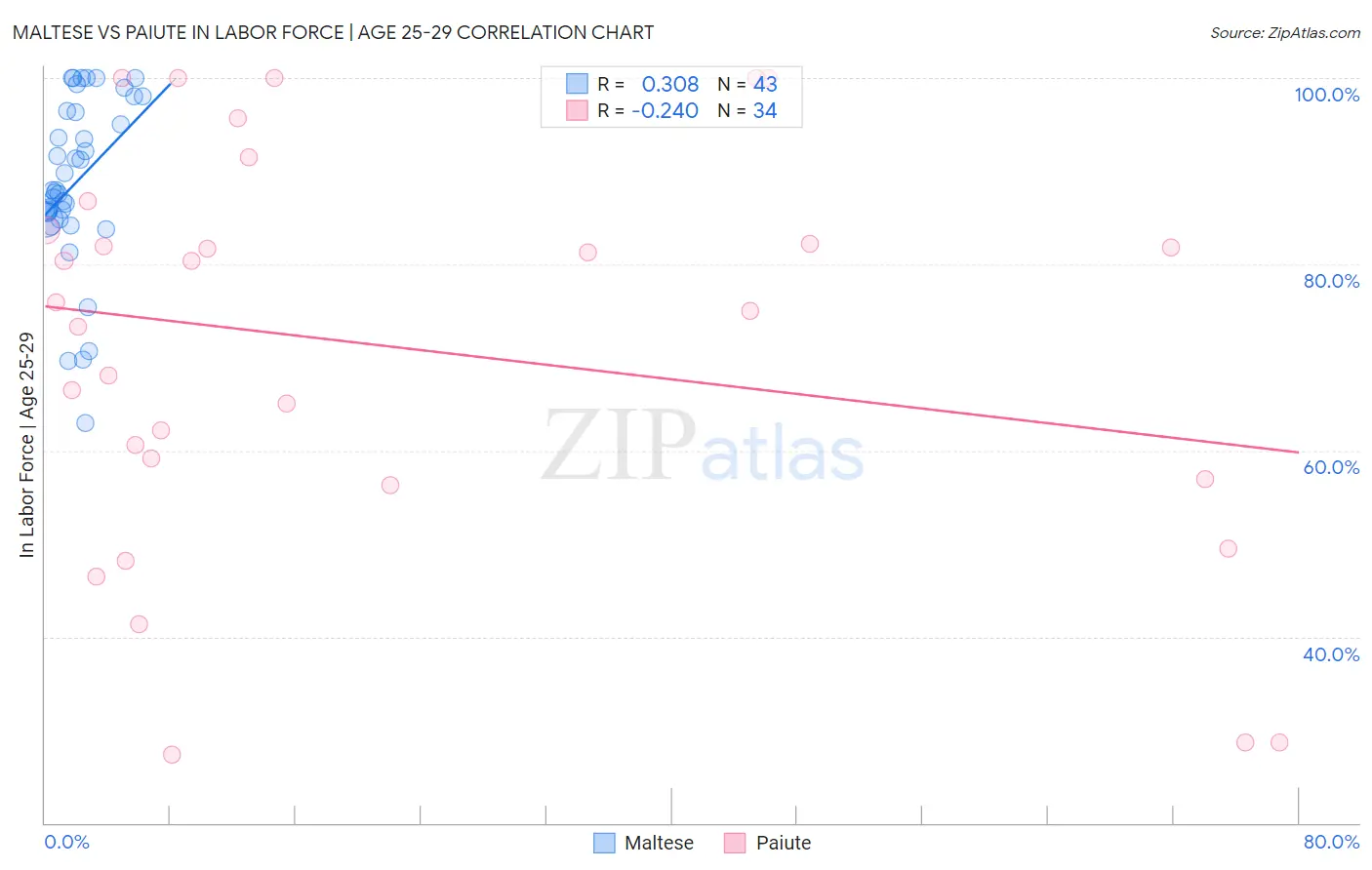 Maltese vs Paiute In Labor Force | Age 25-29