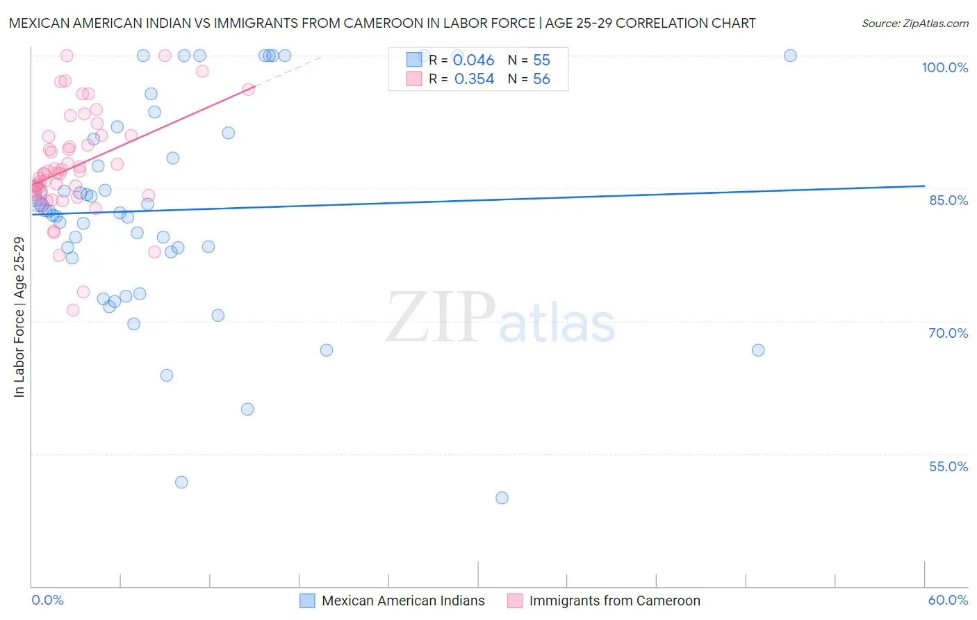 Mexican American Indian vs Immigrants from Cameroon In Labor Force | Age 25-29
