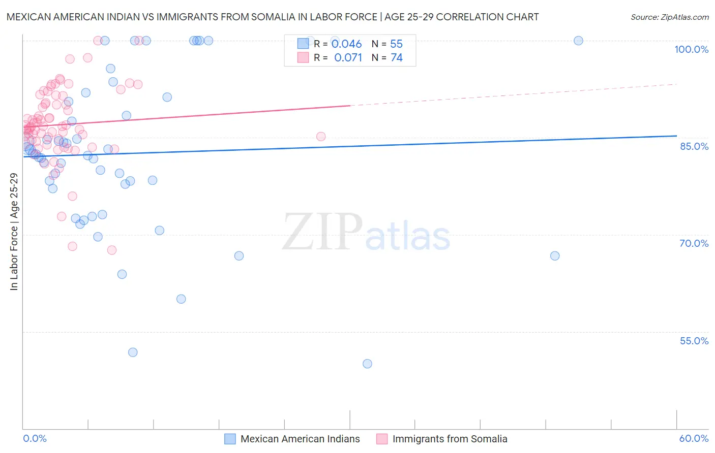 Mexican American Indian vs Immigrants from Somalia In Labor Force | Age 25-29