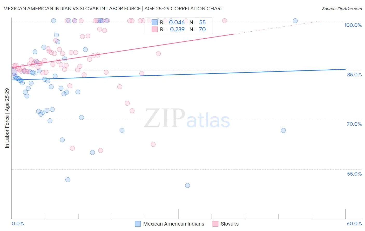 Mexican American Indian vs Slovak In Labor Force | Age 25-29