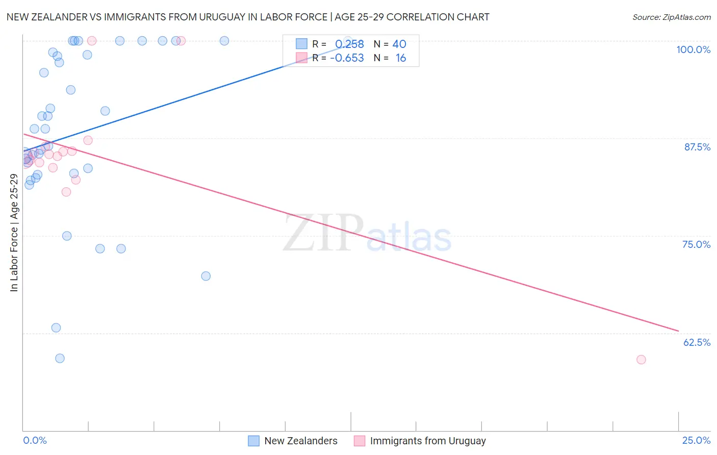 New Zealander vs Immigrants from Uruguay In Labor Force | Age 25-29