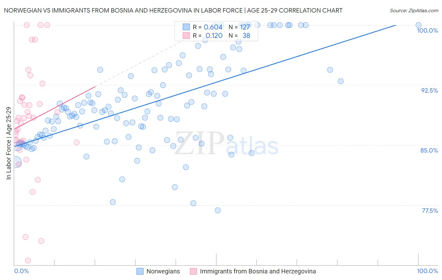 Norwegian vs Immigrants from Bosnia and Herzegovina In Labor Force | Age 25-29