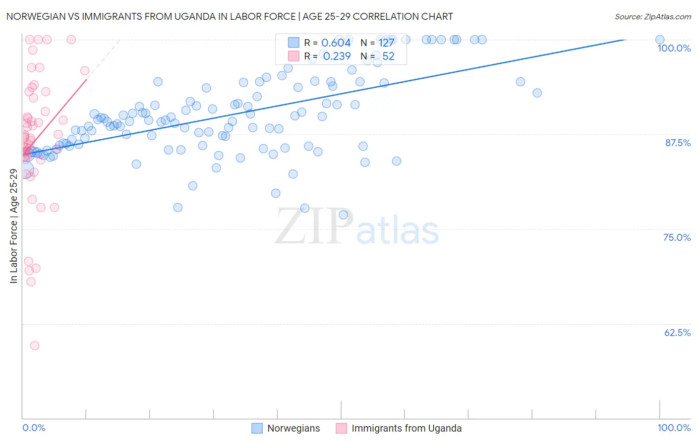 Norwegian vs Immigrants from Uganda In Labor Force | Age 25-29