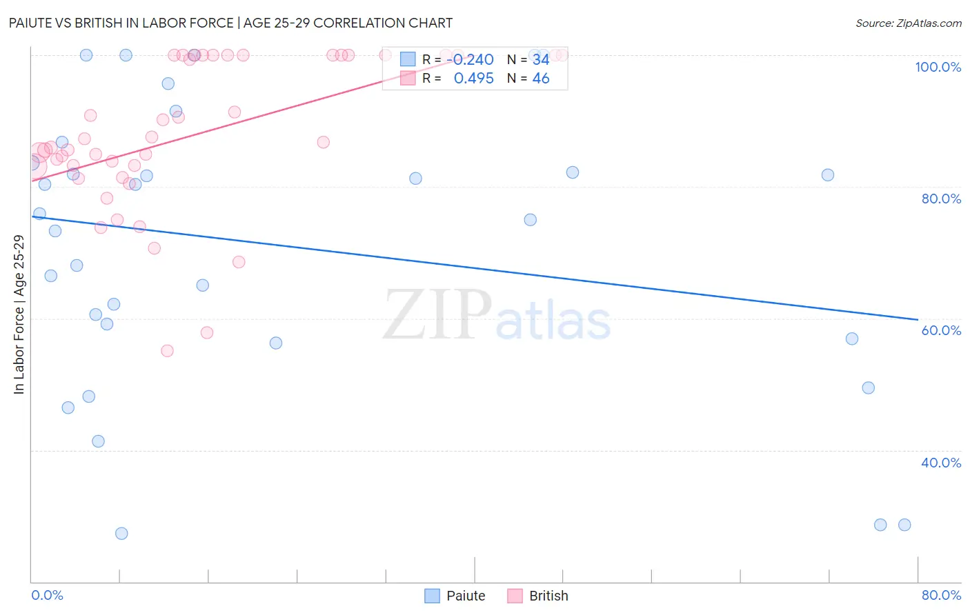 Paiute vs British In Labor Force | Age 25-29