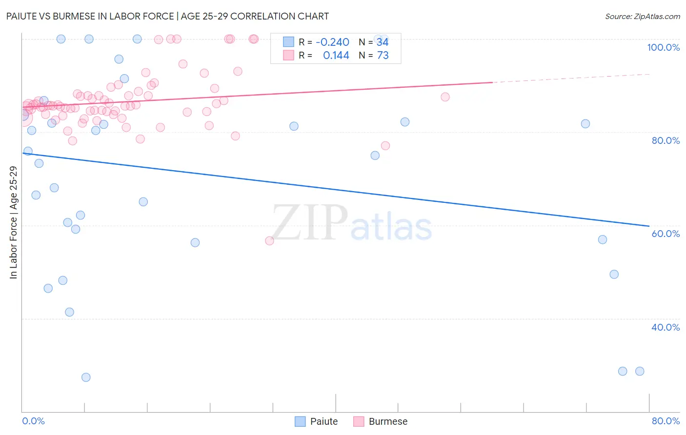 Paiute vs Burmese In Labor Force | Age 25-29