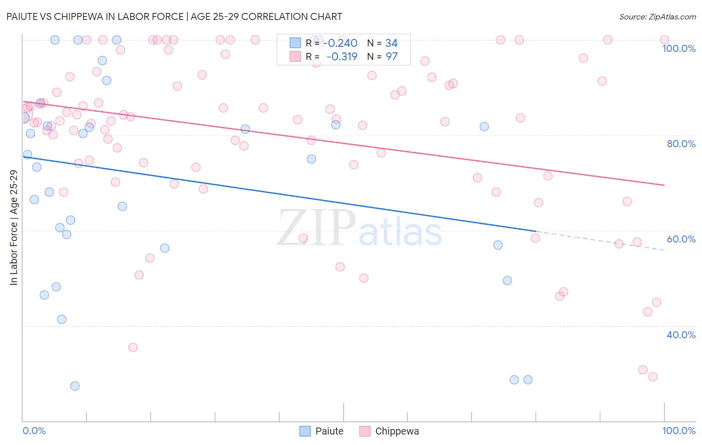 Paiute vs Chippewa In Labor Force | Age 25-29