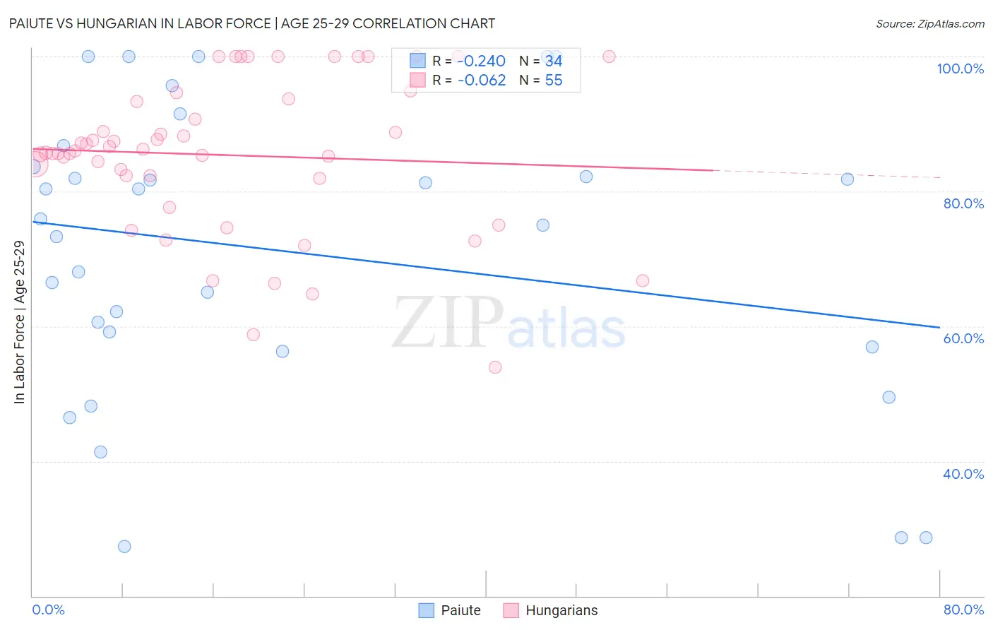 Paiute vs Hungarian In Labor Force | Age 25-29