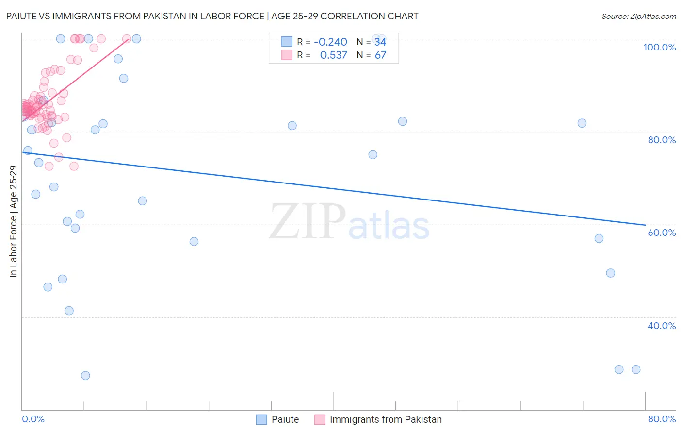 Paiute vs Immigrants from Pakistan In Labor Force | Age 25-29