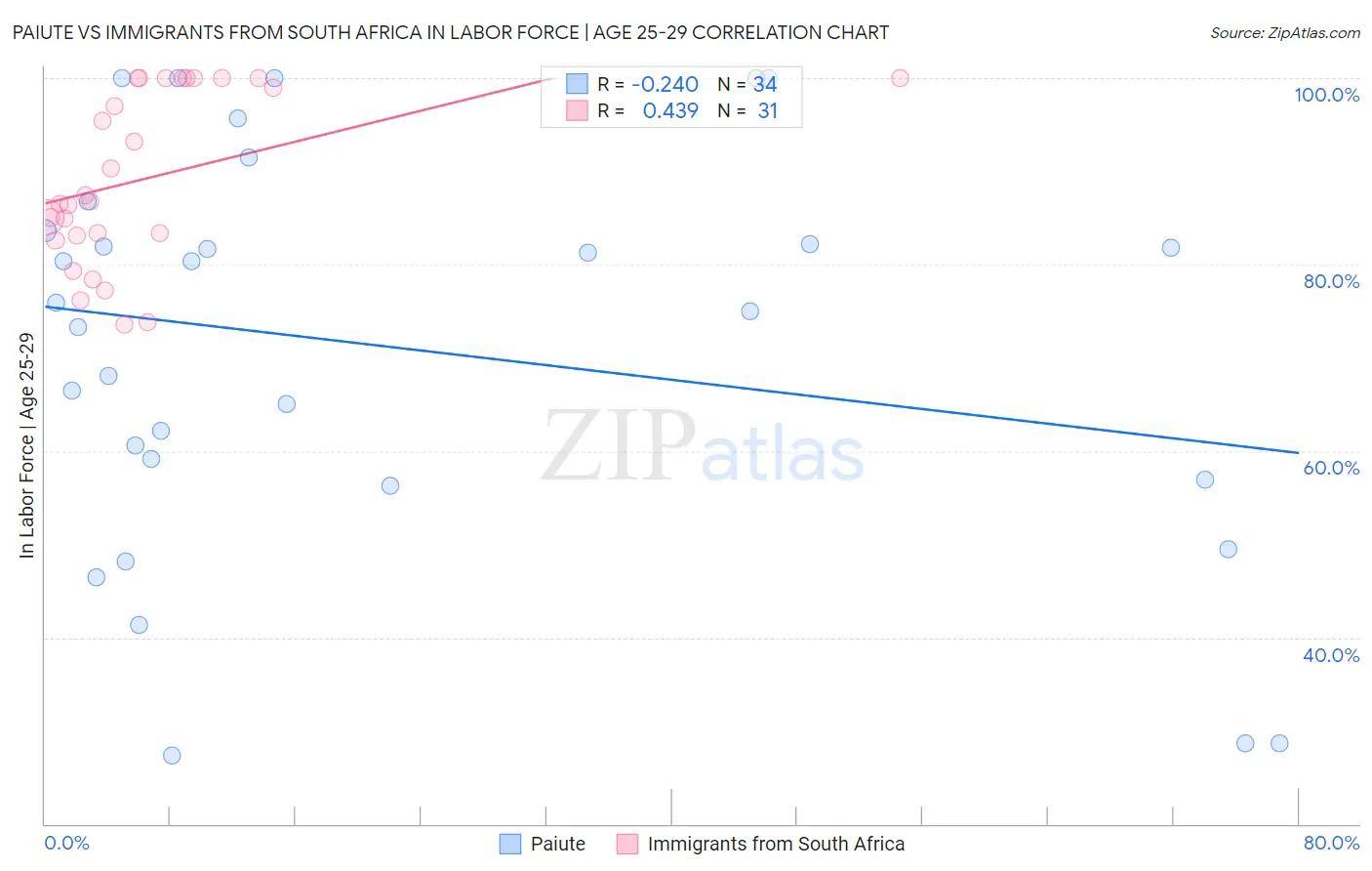 Paiute vs Immigrants from South Africa In Labor Force | Age 25-29