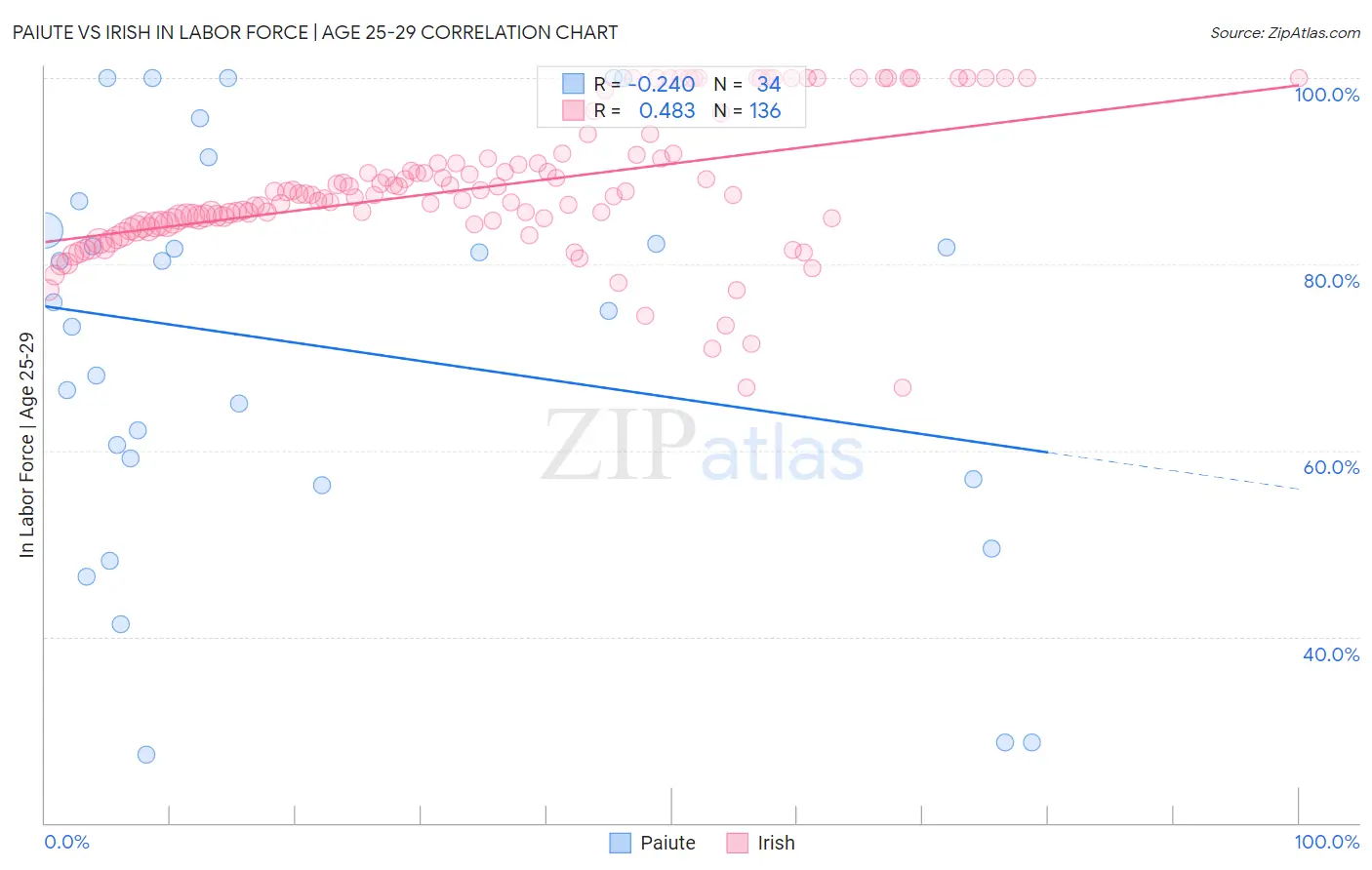 Paiute vs Irish In Labor Force | Age 25-29