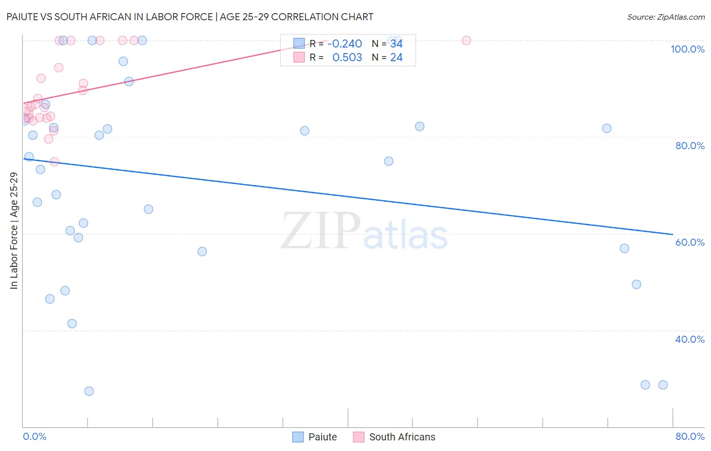 Paiute vs South African In Labor Force | Age 25-29