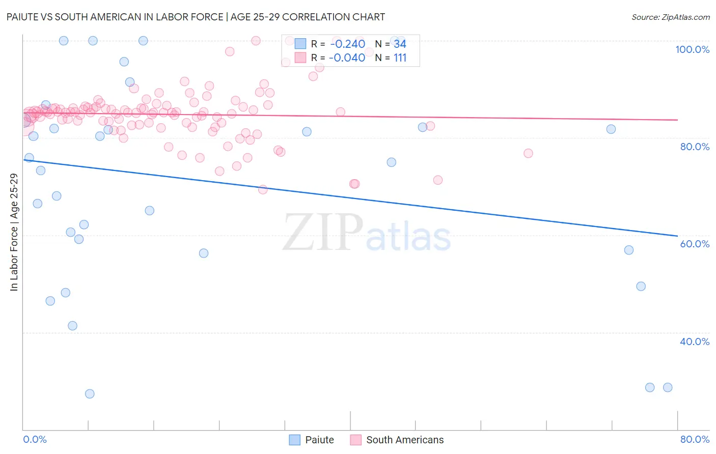 Paiute vs South American In Labor Force | Age 25-29