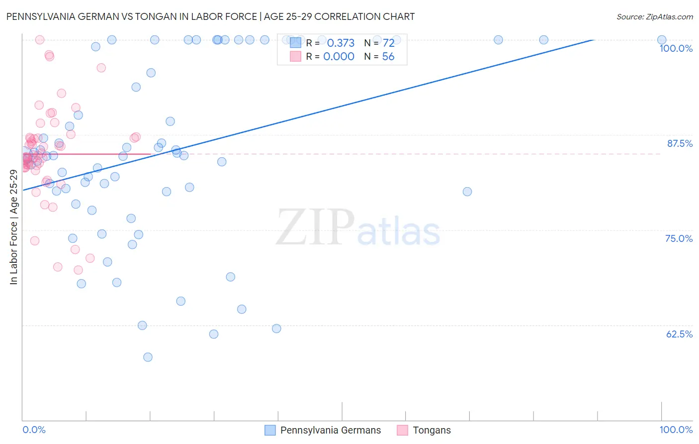 Pennsylvania German vs Tongan In Labor Force | Age 25-29