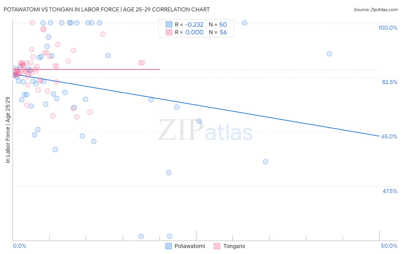Potawatomi vs Tongan In Labor Force | Age 25-29