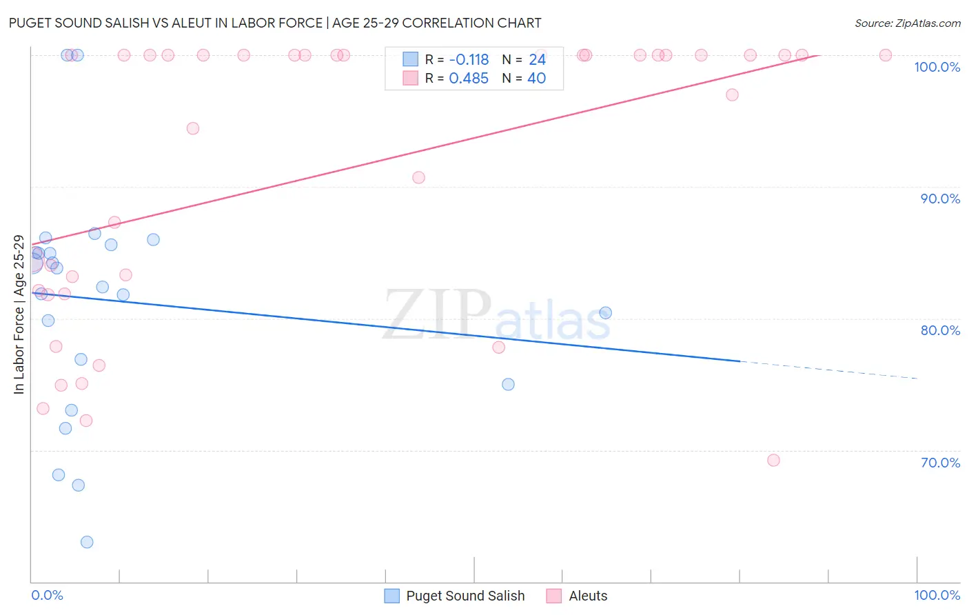 Puget Sound Salish vs Aleut In Labor Force | Age 25-29