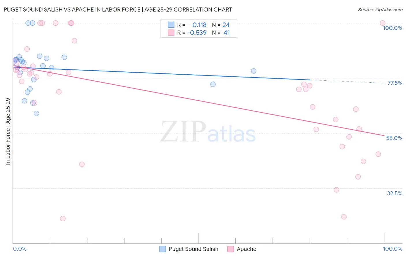 Puget Sound Salish vs Apache In Labor Force | Age 25-29