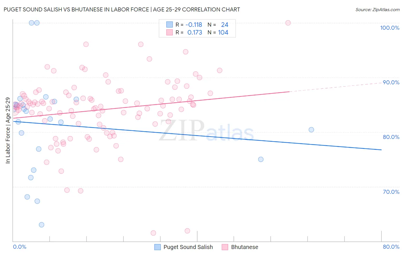 Puget Sound Salish vs Bhutanese In Labor Force | Age 25-29