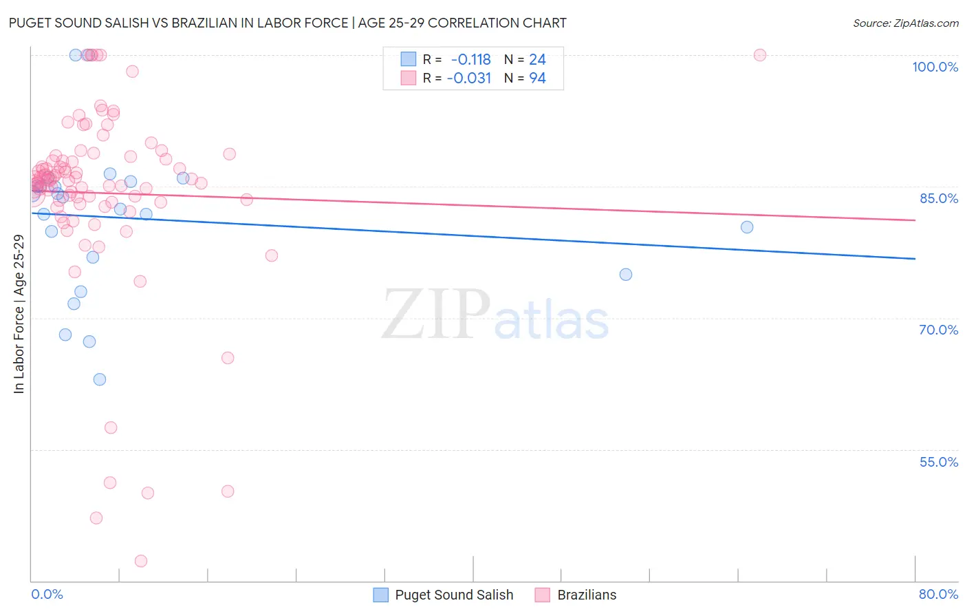 Puget Sound Salish vs Brazilian In Labor Force | Age 25-29