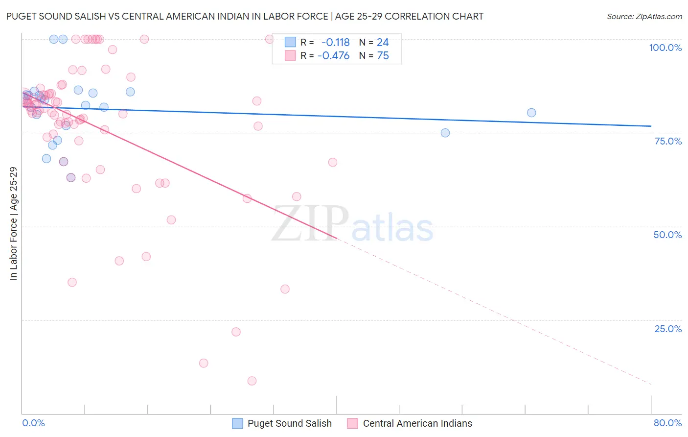 Puget Sound Salish vs Central American Indian In Labor Force | Age 25-29