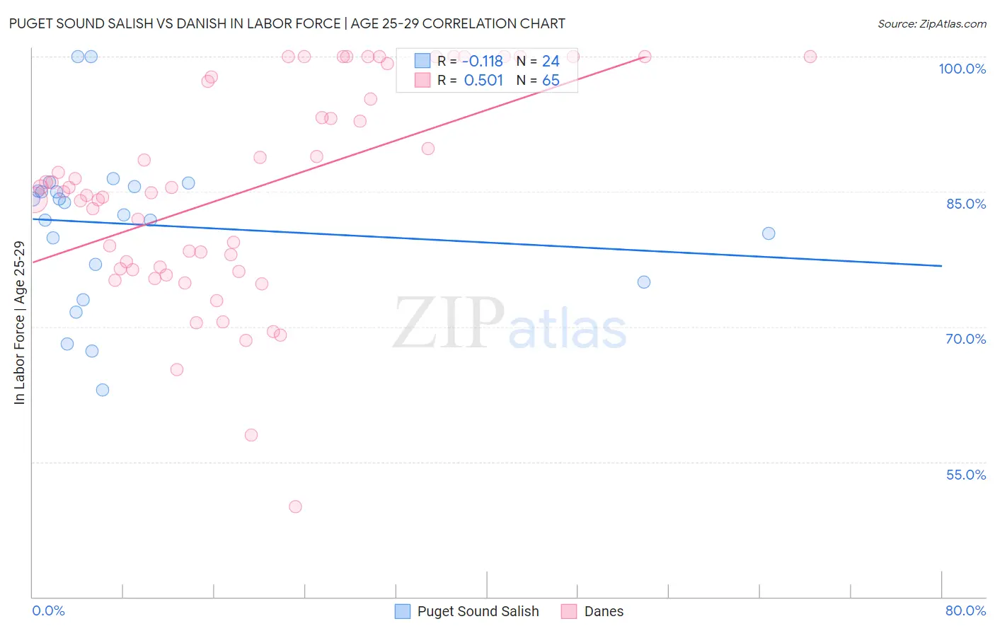 Puget Sound Salish vs Danish In Labor Force | Age 25-29